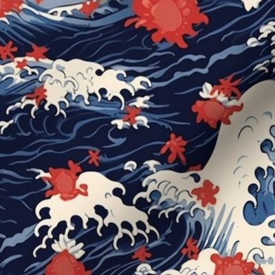 red flowers floating on the blue waves inspired by hokusai