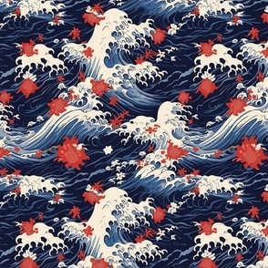 red flowers floating on the blue waves inspired by hokusai