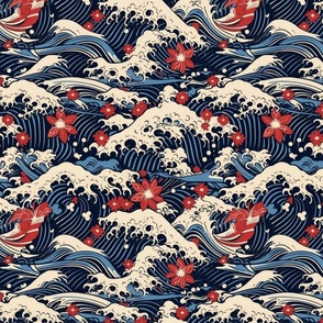 red flowers on the waves inspired by hokusai