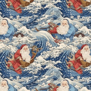 santa claus rides the ocean waves in blue and red inspired by hokusai
