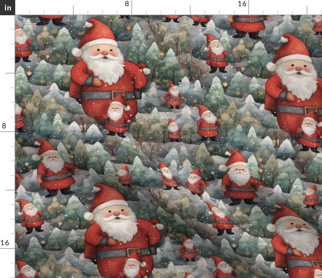 kawaii santa claus on a snowy christmas fir tree forest inspired by hokusai