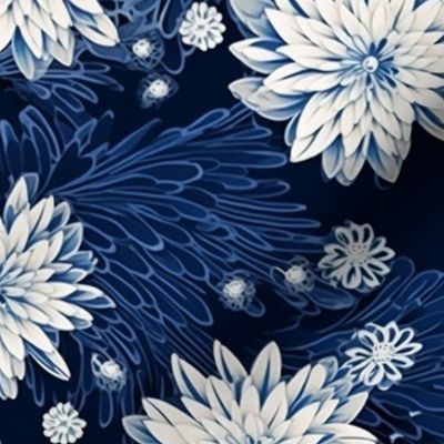 blue and white winter japanese floral botanical inspired by hokusai