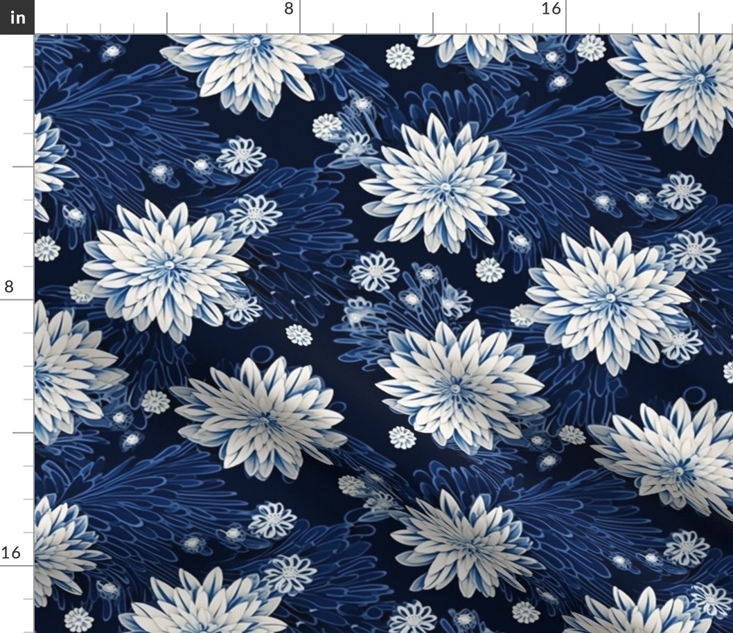 blue and white winter japanese floral botanical inspired by hokusai