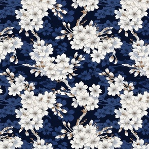 cherry blossom botanical in blue and white inspired by hokusai