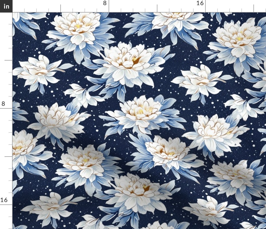 winter snowflake flowers inspired by hokusai in blue and white