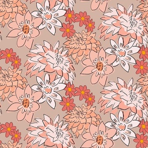 Small hand drawn Dahlia floral in coral pink and orange on neutral khaki