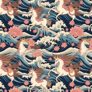 white horses on the pink cherry blossom ocean waves inspired by hokusai