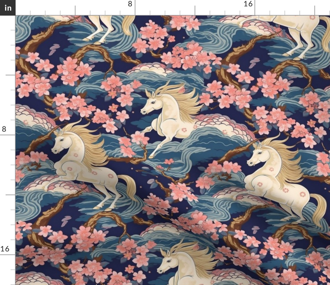 pink cherry blossoms on the white horse blue ocean waves inspired by hokusai