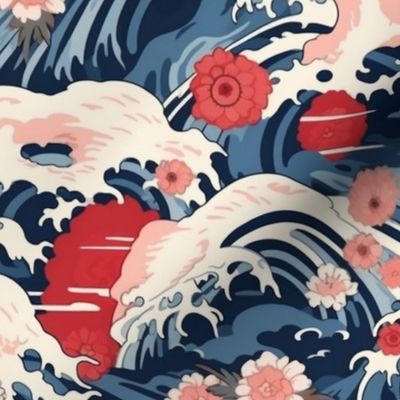 ocean mountain cherry blossom landscape inspired by hokusai