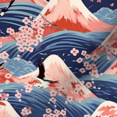 hokusai inspired cherry blossom ocean mountain landscape