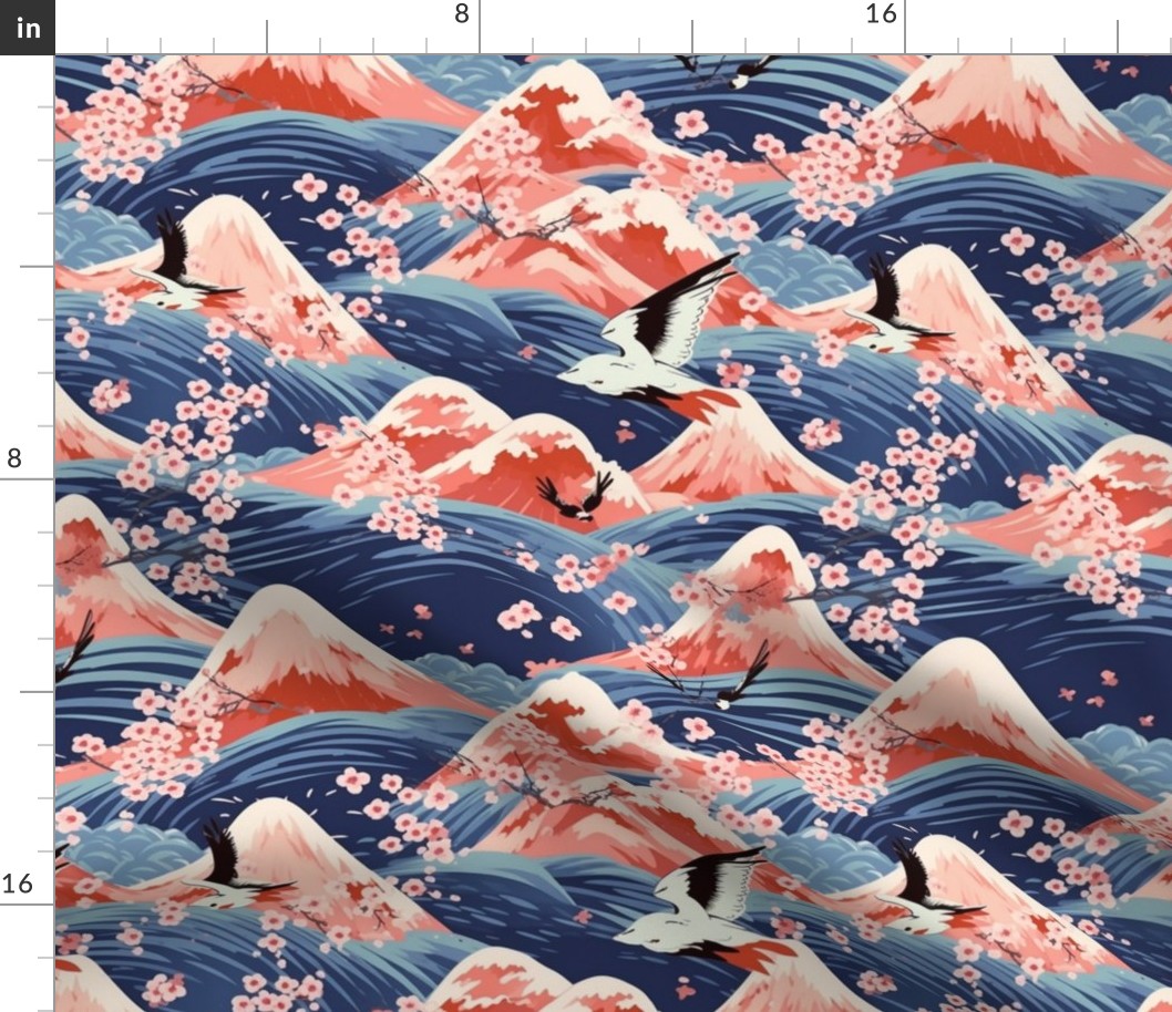 hokusai inspired cherry blossom ocean mountain landscape