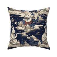 mountain landscape in blue with white rabbit inspired by hokusai