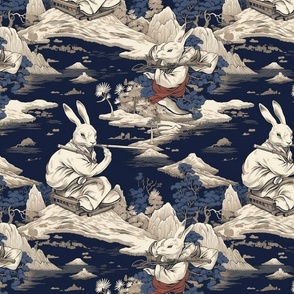 mountain landscape in blue with white rabbit inspired by hokusai