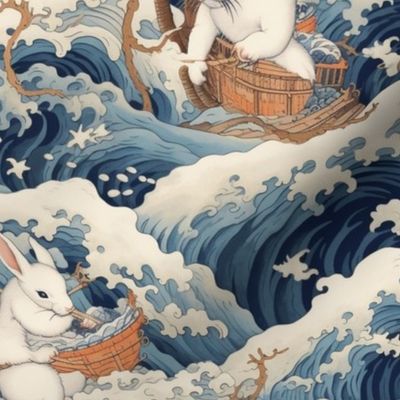 white rabbit boat ocean wave landscape inspired by hokusai
