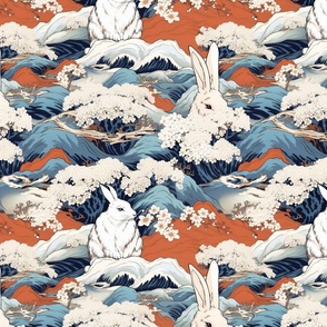 ocean mountain landscape in orange and blue with white rabbit inspired by hokusai