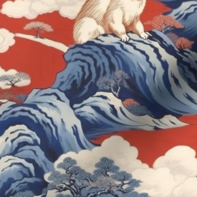 ocean landscape in red and blue with a white rabbit inspired by hokusai