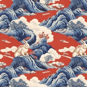 ocean landscape in red and blue with a white rabbit inspired by hokusai