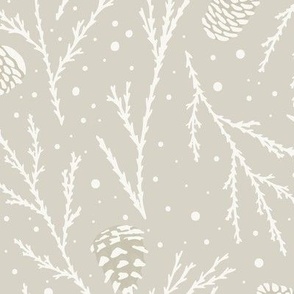 Pinecones, Snow and Branches on Taupe - Neutral Winter Christmas