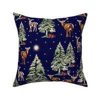 Christmas Holiday Retro Winter Wonderland, Vintage Rudolf Reindeer, Green Christmas Trees, Gold Star Tree Topper on Midnight Blue (Large Scale)