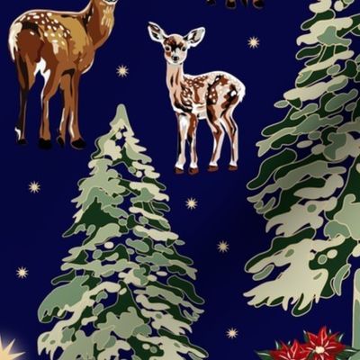 Christmas Holiday Retro Winter Wonderland, Vintage Rudolf Reindeer, Green Christmas Trees, Gold Star Tree Topper on Midnight Blue (Large Scale)