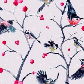 Winter songbirds, red berries and birch tree chinoiserie  against pale mauve (large scale)