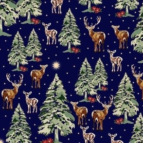 Christmas Reindeer Present, Christmas Tree Holiday Gift, Retro Winter Wonderland, Green Christmas Trees, Golden Night Stars on Midnight Blue (Small Scale)