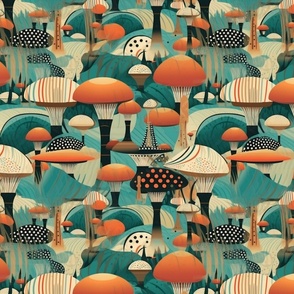 teal and orange mushroom landscape inspired by kandinsky