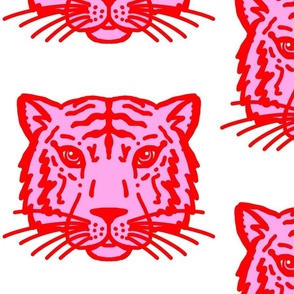 Pink and red tiger faces on white