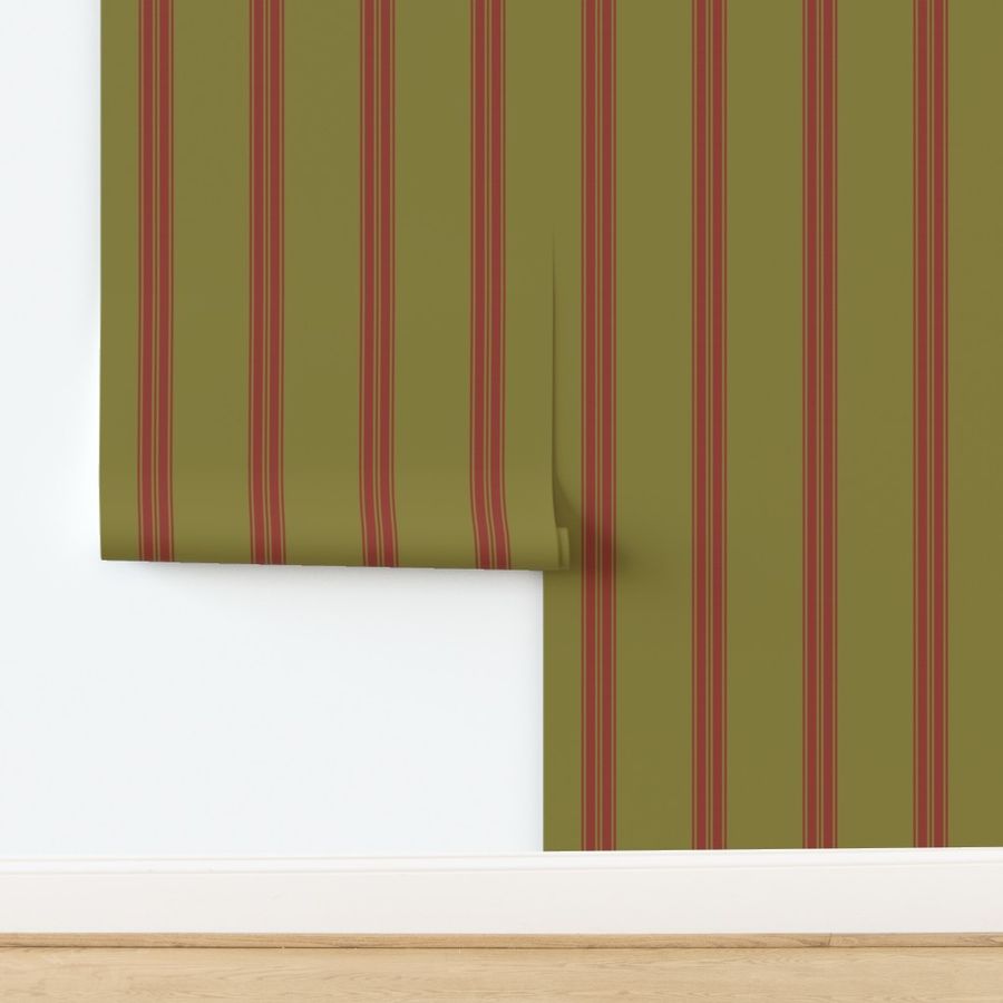 Ticking stripe for linen cotton canvas olive and red 2085-77