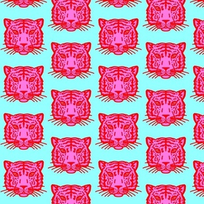 Pink and red tiger faces  on aqua 