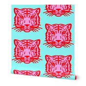 Pink tiger faces on aqua, large scale