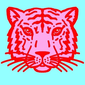 Pink tiger faces on aqua, large scale