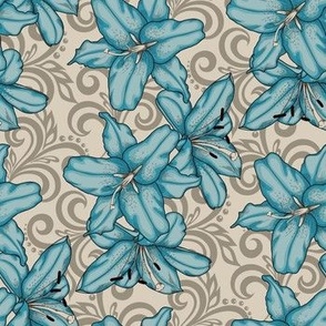 Turquoise Lilies on Linen flourishes