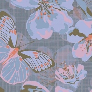 Cottagecore Vibe Blossom Flowers and Flying Butterflies, Scattered Spring Summer Floral Blooms, Tranquil Butterfly Pattern (Large Scale)