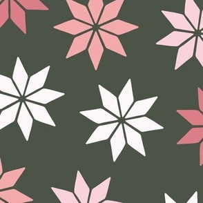 Stylized Winter Poinsettia in White and Pink on Fir Green (Large)