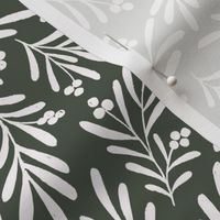 Winter Foliage and Berries in Dark Muted Green and White (Large)
