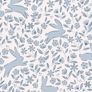 Leaping Rabbits in the Meadow in Light Blue Gray Smoke