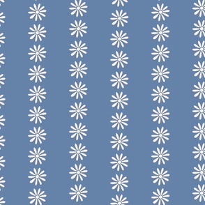 Sweet Daisy Vertical Floral Stripe in Deep Blue and White
