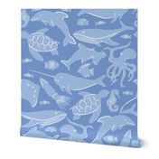 Ocean Animals Under the Sea Wallpaper in Coastal Blue (Jumbo Scale)