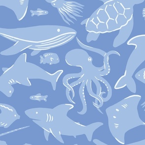 Ocean Animals Under the Sea Wallpaper in Coastal Blue (Jumbo Scale)
