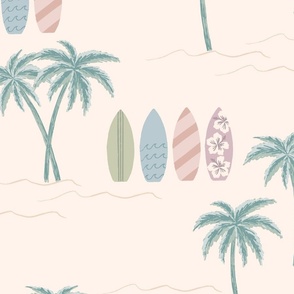 Surfboards and Palm Trees Wallpaper in Beachy Muted Colors