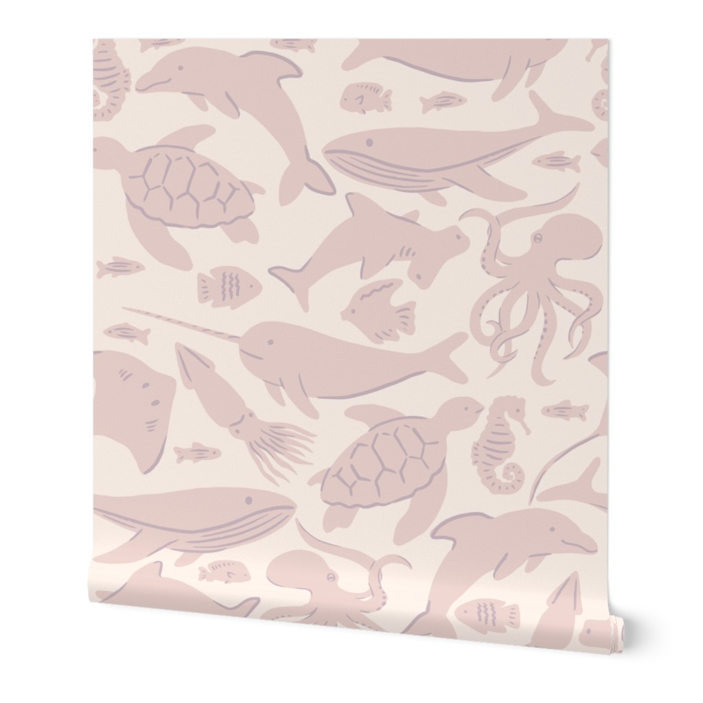 Ocean Animals Under the Sea Wallpaper in Soft Blush Pink (Jumbo Scale)