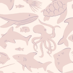 Ocean Animals Under the Sea Wallpaper in Soft Blush Pink (Jumbo Scale)