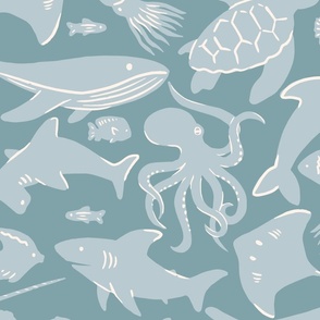 Ocean Animals Under the Sea Wallpaper in Deep Sea Teal (Jumbo Scale)