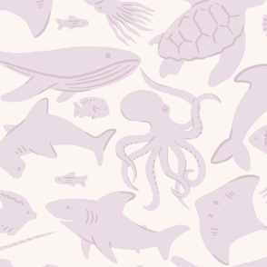 Ocean Animals Under the Sea Wallpaper in Pale Pastel Purple (Jumbo Scale)