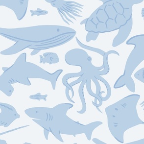 Ocean Animals Under the Sea Wallpaper in Light Blue (Jumbo Scale)