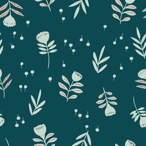 small // Hand Drawn Scandi Christmas Floral in Deep Teal and Seafoam Green // 6"