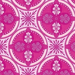 Arabesque half drop circles with leaves and radiating mandalas in bright pink and pale pink hues with a crackled porcelain texture 6” repeat four directional