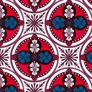 Arabesque half drop circles with leaves and radiating mandalas in red, blue, burgundy and nearly white  with a crackled porcelain texture 6” repeat four directional
