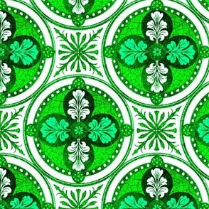 Arabesque half drop circles with leaves and radiating mandalas in bright lime green, white and dark green hues with a crackled porcelain texture 6” repeat four directional